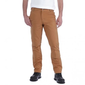 A model wearing the Carhartt Stretch Duck Double Front trousers in brown