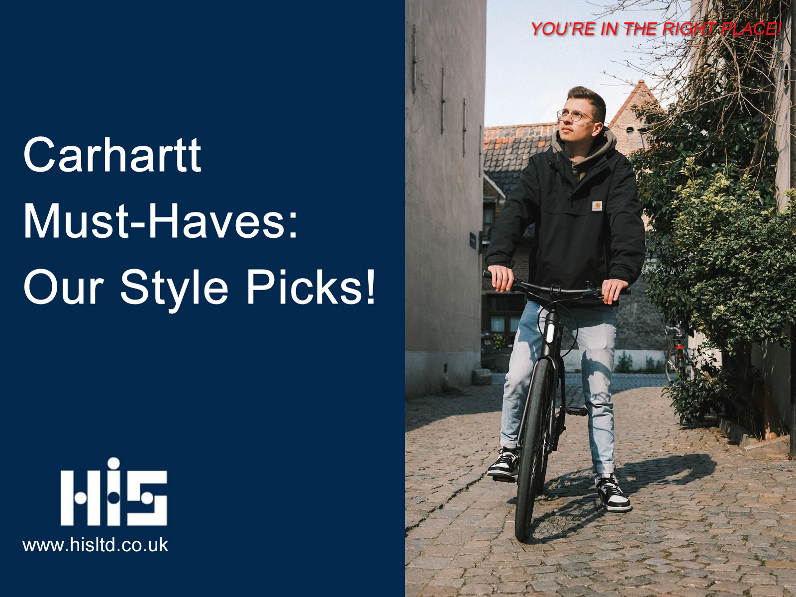 : a man on a bike wearing a Carhartt clothing, with the blog title on a blue layer next to him.