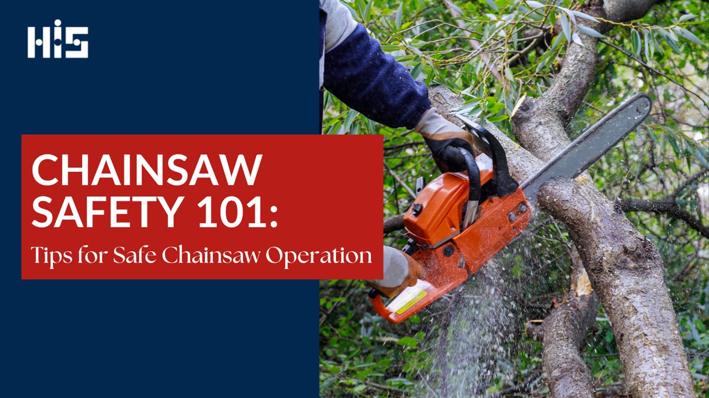 Image of someone wearing safety gloves while holding a chainsaw cutting into a tree branch with the text panel reading “Chainsaw Safety 101: Tips for Safe Chainsaw Operation”.