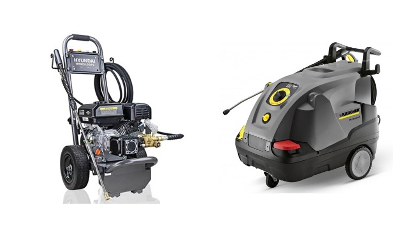 Blog banner with image of three industrial pressure washers.  The text says “Industrial Pressure Washers: Choosing the right one for your needs”