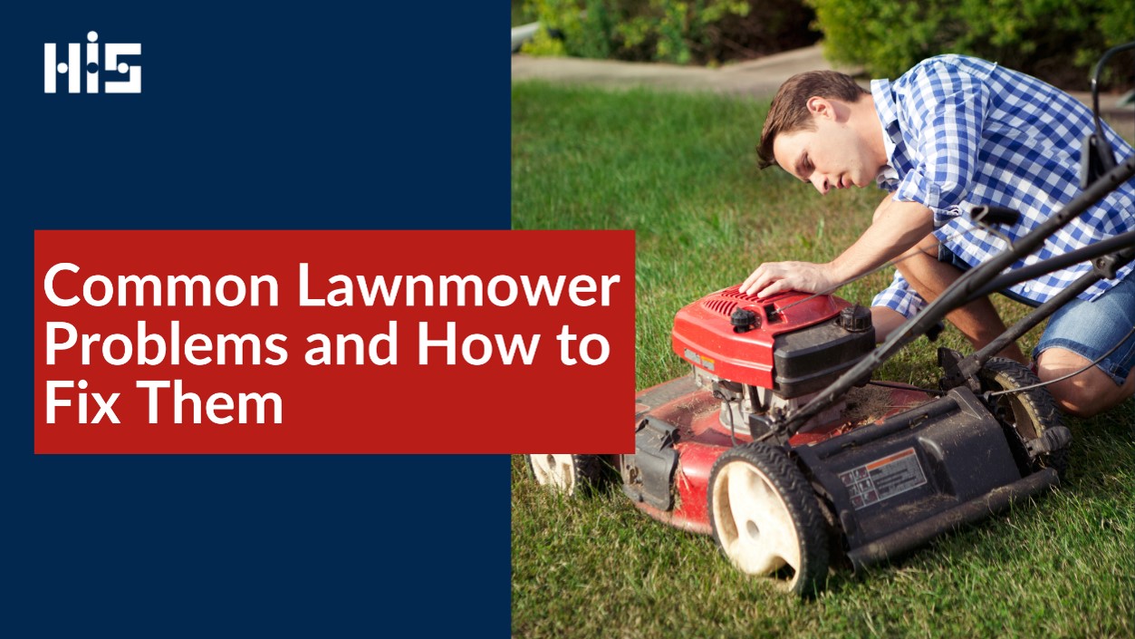 Image of a man kneeling beside a lawnmower trying to fix a problem in a blog banner with text that says, Common Lawnmower Problems and How to Fix Them