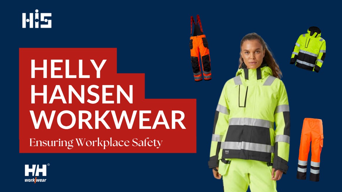 Blog banner with image of model wearing hi-vis Helly Hansen workwear, as well as images of other Helly Hansen products.  The text says “Helly Hansen Workwear Ensuring Workplace Safety”