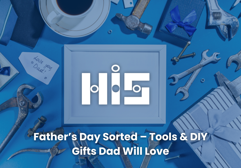 Tools scattered over a table with the HIS logo framed in the middle
