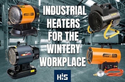 Image of multiple industrial heaters within the blog diplayed inside a cold warehouse with the title industrial heaters for the wintery workplace in centre.