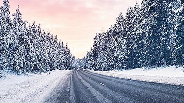 An image of a long snowy road with trees on each side