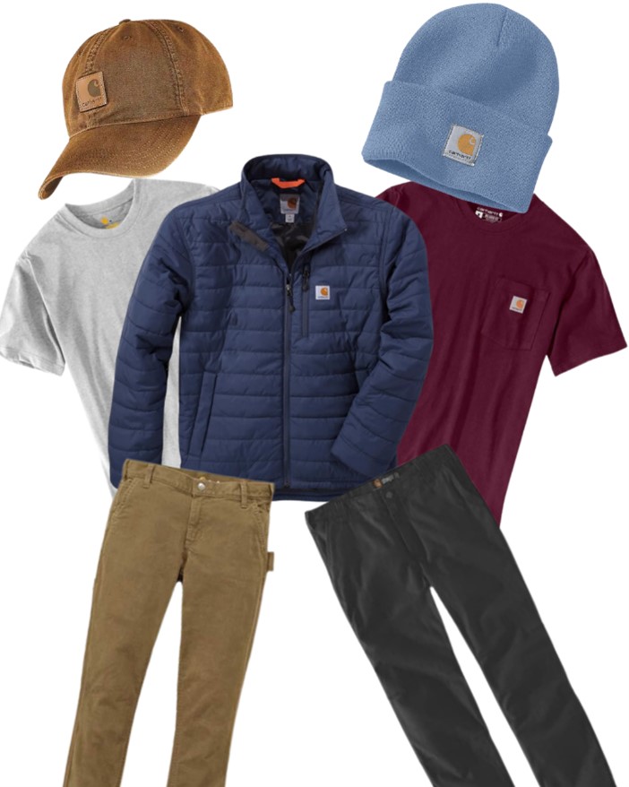 collage of Carhartt clothing including cap, beanie, two t-shirts, jacket, and two pairs of trousers.