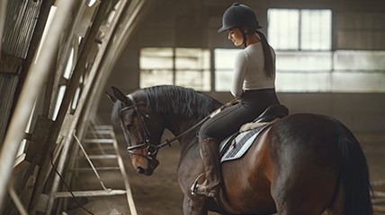 A woman wearing riding gear including a riding helmet, on the saddle of a horse in a stable.