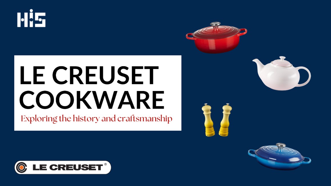 Blog banner with image of Le Creuset products.  The text says “Le Creuset Cookware: Exploring the history and craftsmanship”