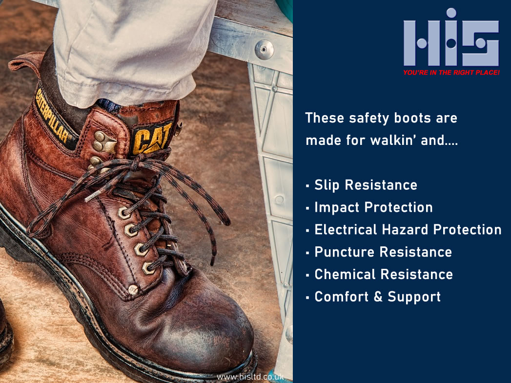 CAT safety boots with text panel stating benefits.