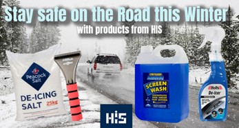 Winter road with car driving away. Mutile products mentioned in the article sit in the foreground of the images with the words, stay safe on thr road this winter with products from HIS.