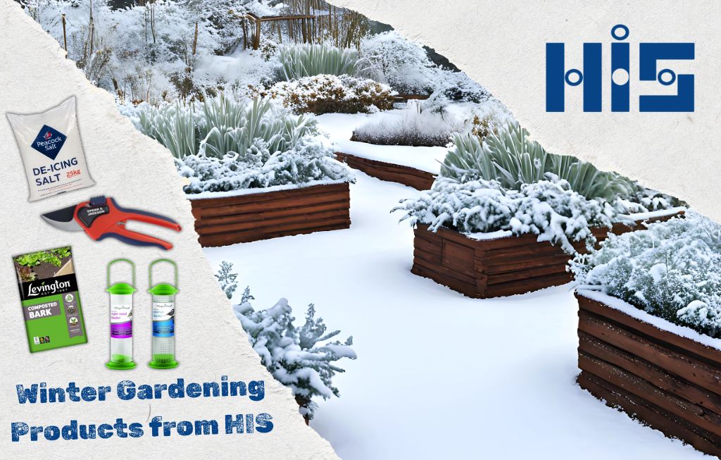 Image of a garden in snow with lots of greenery growing, image is placed within a paper rip with the HIS logo on the right as well as the blog title on the left with products featured in the blog.