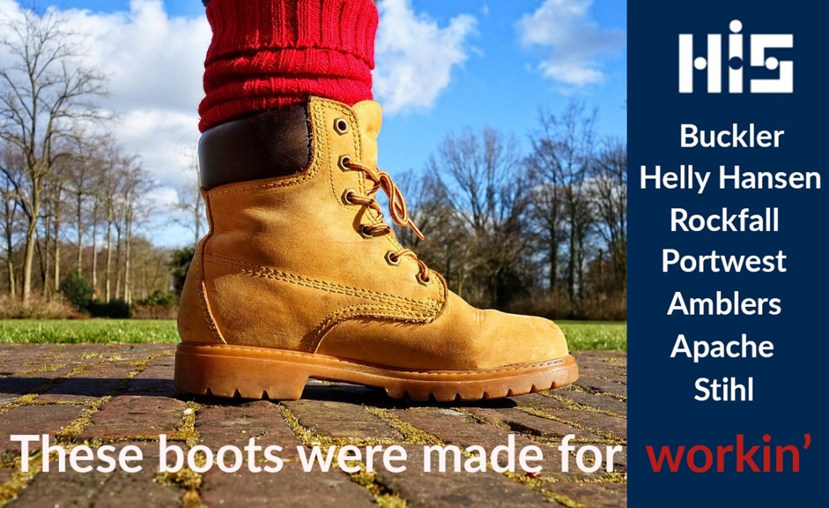 Image of someone wearing safety boots with the text panel reading “these boots were made for workin'”. along with a list of boot brands down the side